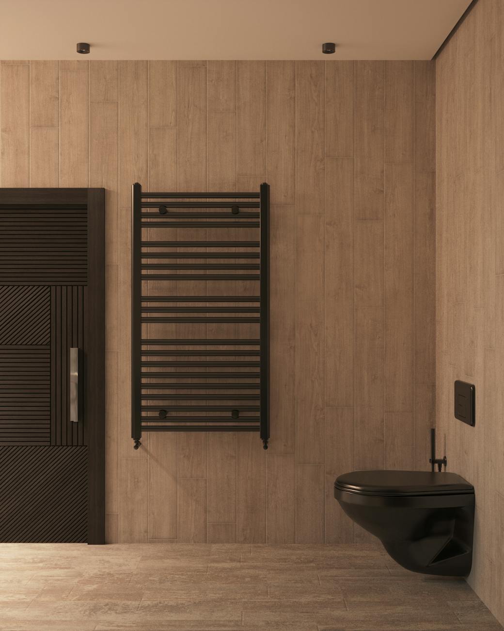 Stylish bathroom featuring black fixtures and wood paneling, showcasing modern interior design.