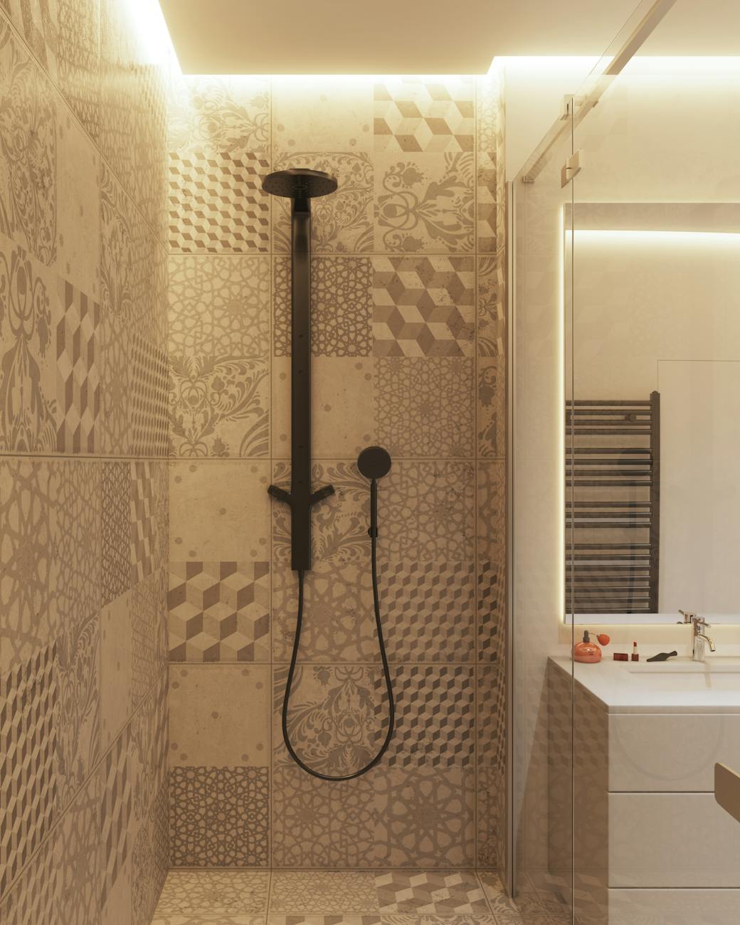 Elegant bathroom with patterned tiles and a sleek shower head. Perfect for interior design inspiration.