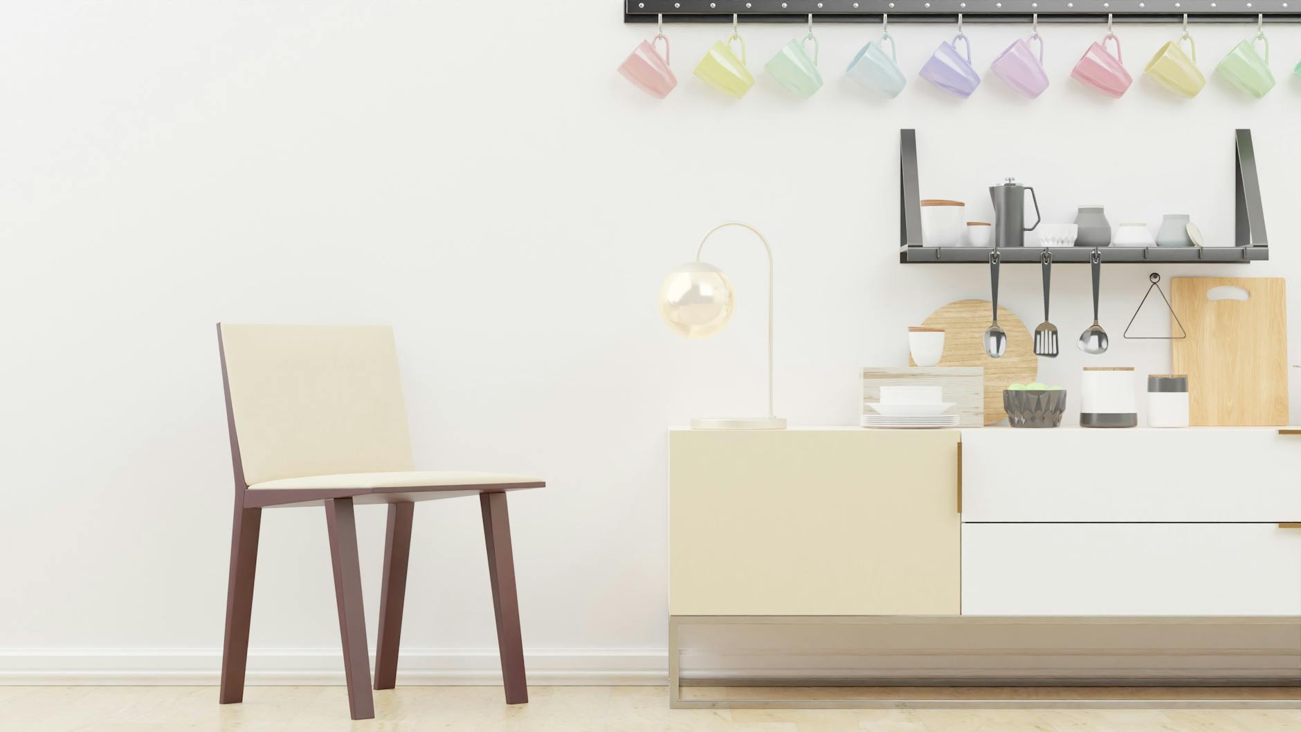 Bright minimalist Scandinavian kitchen interior with pastel cups and modern furniture.