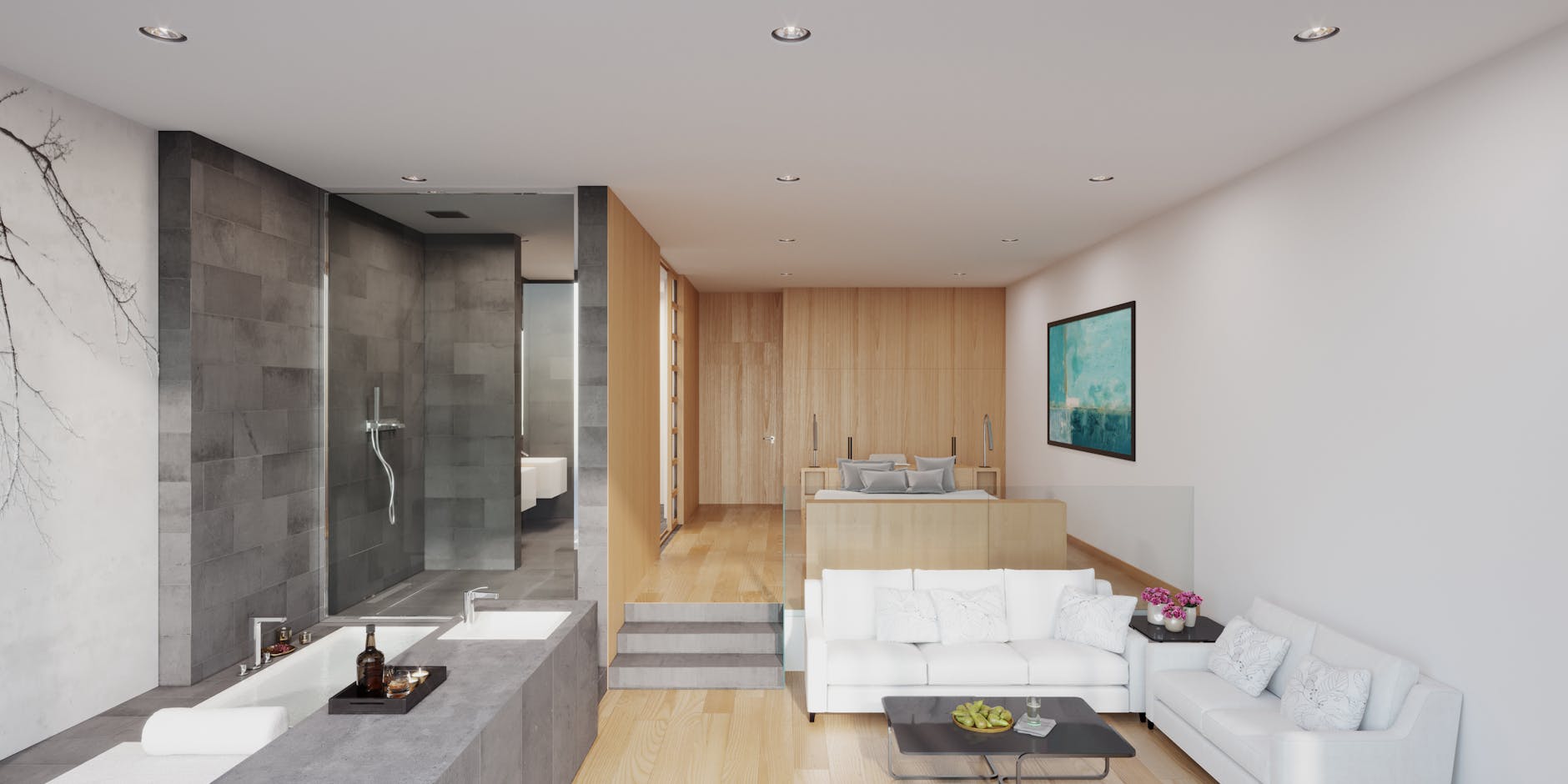 Sophisticated modern apartment interior showcasing minimalist luxury design, featuring open plan living with bathtub and elegant furnishings.