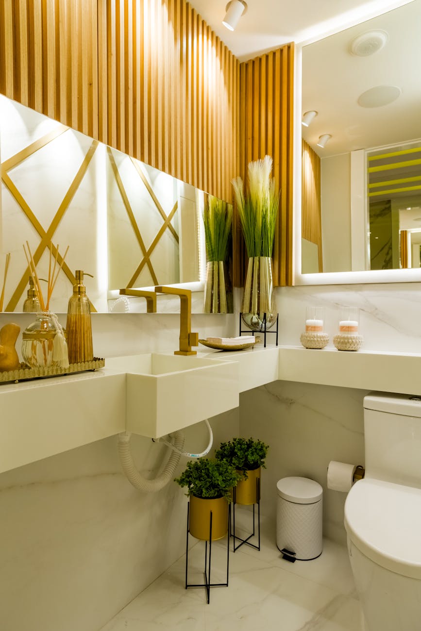 Elegant bathroom interior featuring modern decor and stylish fixtures.