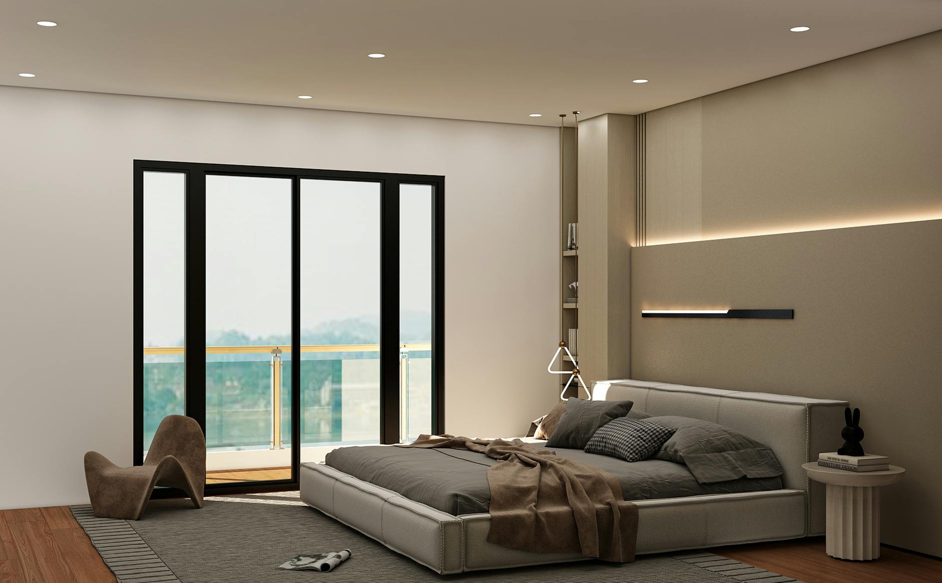 Sleek and stylish modern bedroom with minimalist decor and natural lighting.