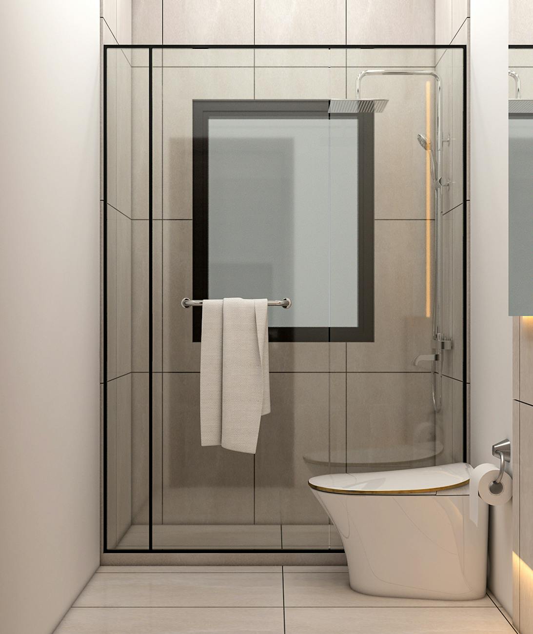 Elegantly designed bathroom featuring a glass shower and sleek toilet, highlighting modern minimalism.