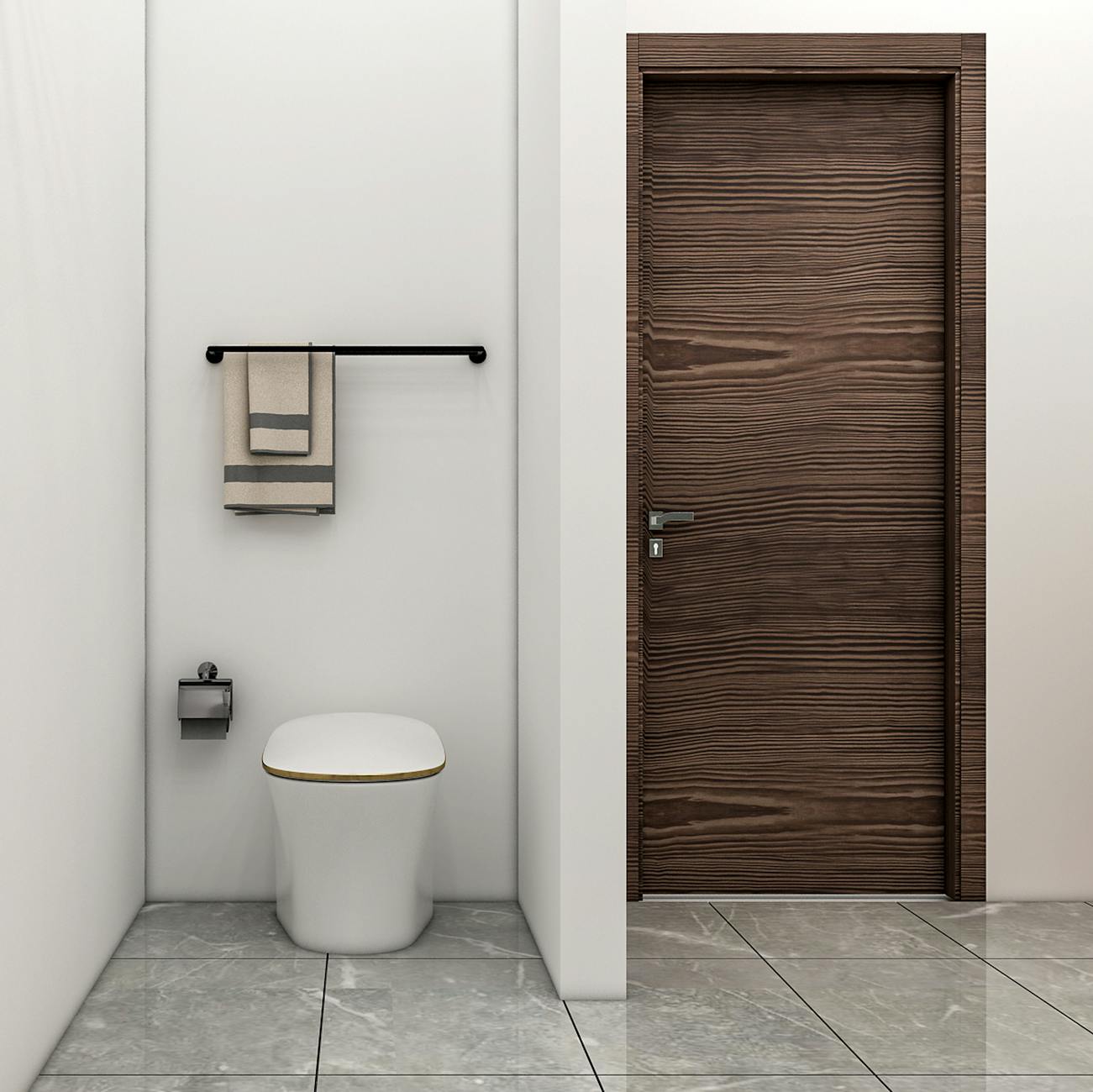 A sleek minimalist bathroom featuring a toilet, white walls, and a wooden door.