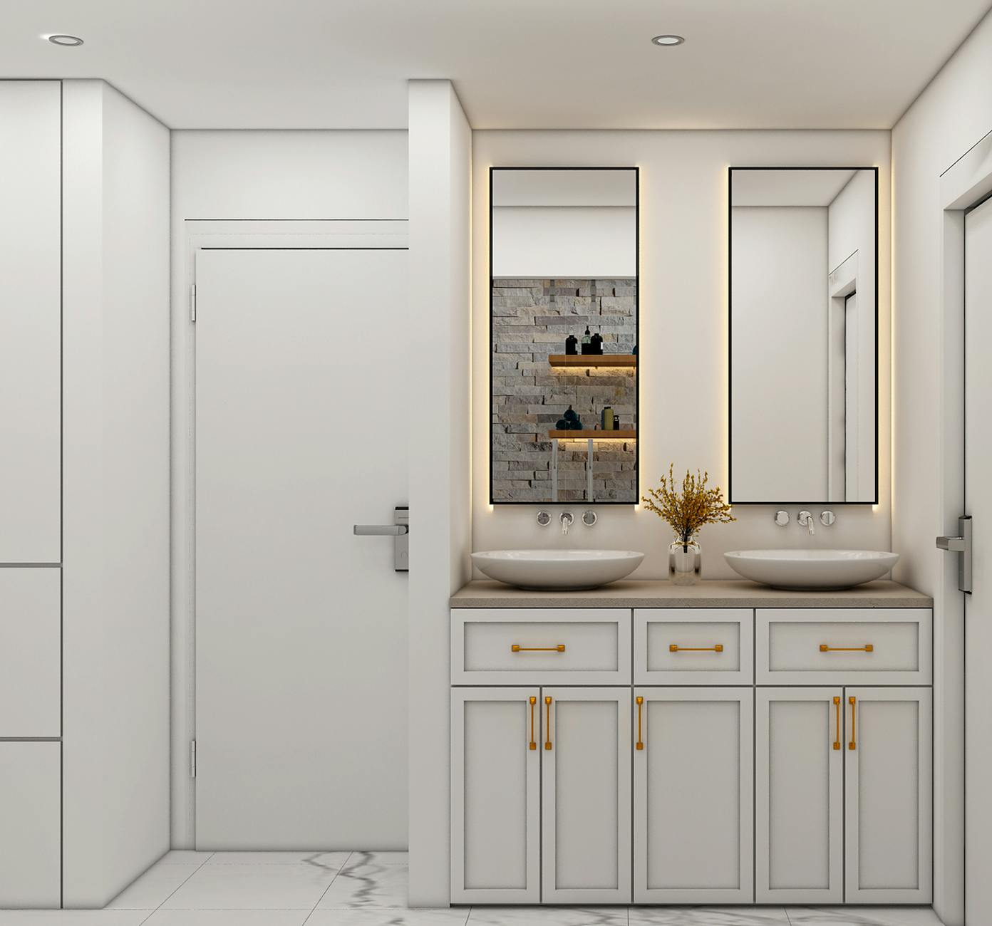 A stylish bathroom interior featuring dual sinks, mirrors, and contemporary design.
