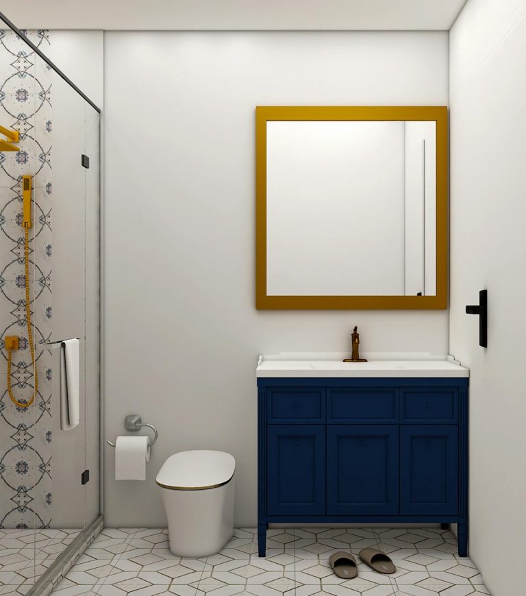 Stylish modern bathroom with a blue vanity, glass shower, and geometric floor tiles.