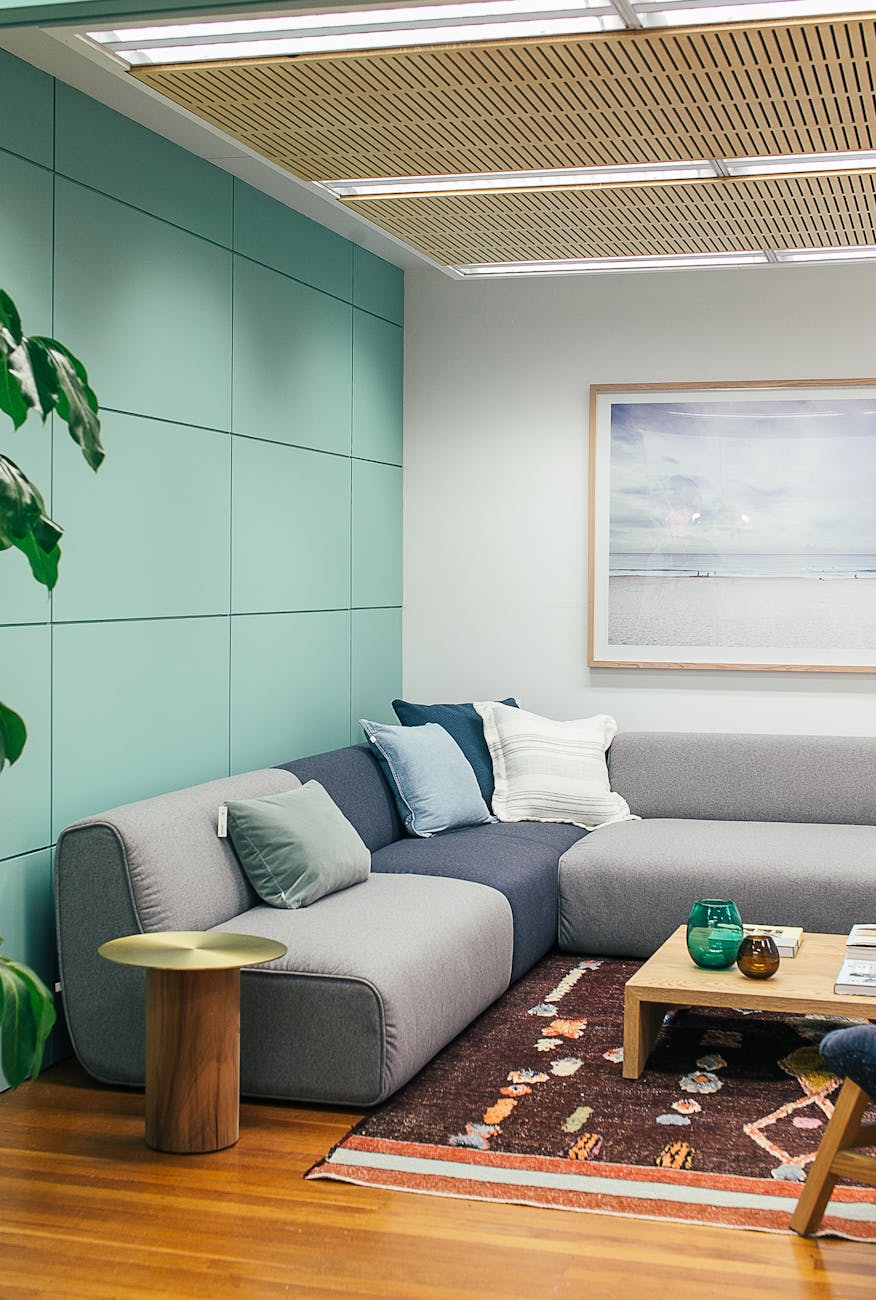 Light living room decorated with couch with pillows near table on carpet with painting on wall