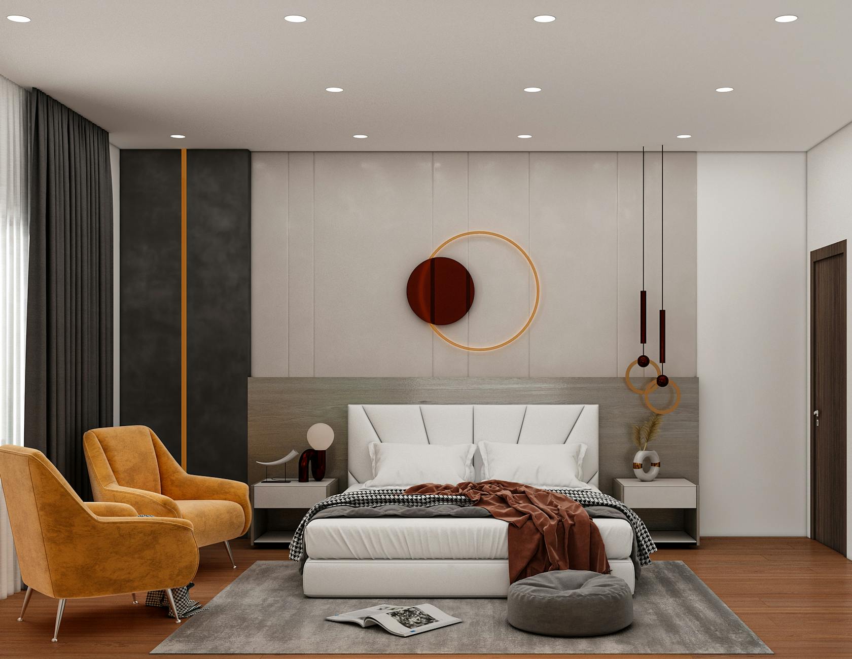 Stylish contemporary bedroom with modern decor and minimalist design elements.