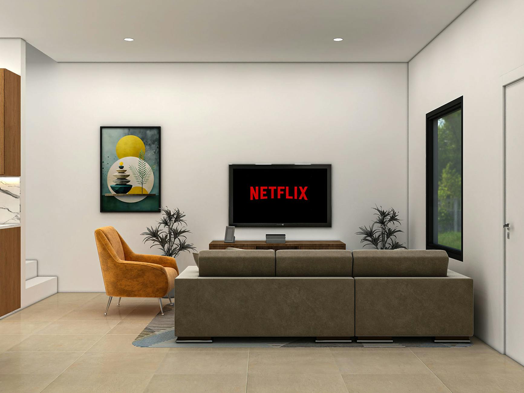 A stylish modern living room featuring a sofa, TV, and vibrant artwork, ideal for leisure and relaxation.